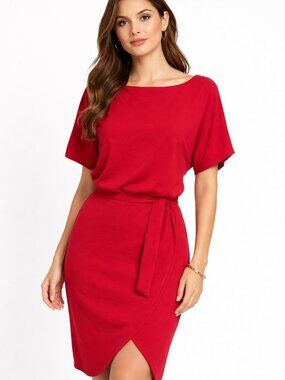 Kensie Red Wrap Dress Size 6 Blouson Belted Midi NWT Cocktail Event
